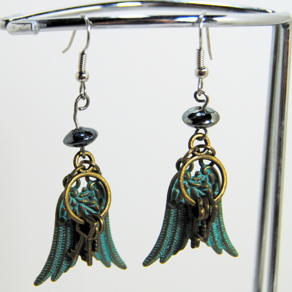 Earrings Copper Angel Wings and Brass Keys